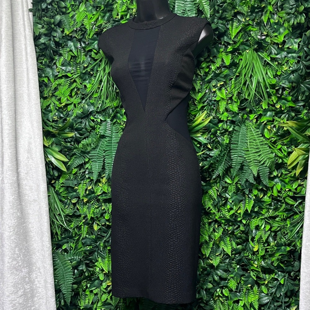 Bardot Dress Medium Black Mesh Panel Textured Crocodile Sheath 4203